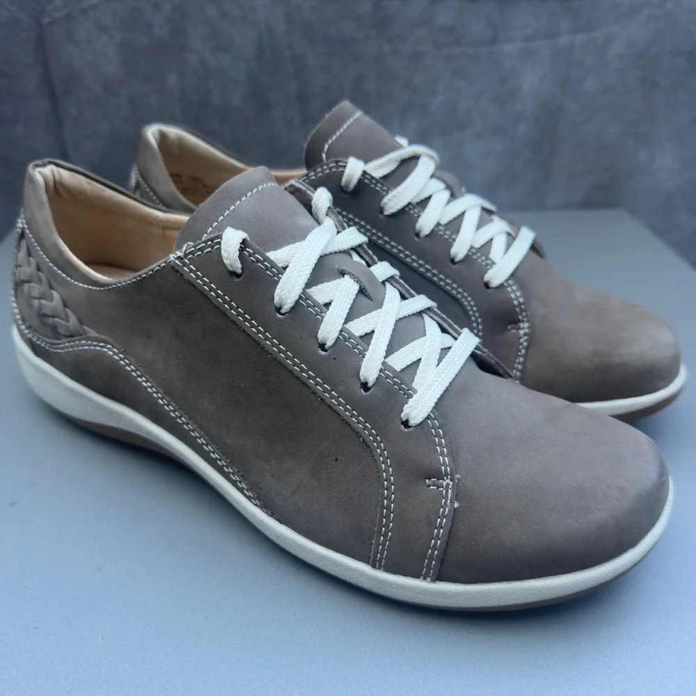 Aetrex Dana Leather Sneakers 10.5-11 Taupe Grey Braided Walking Shoes DM306WM